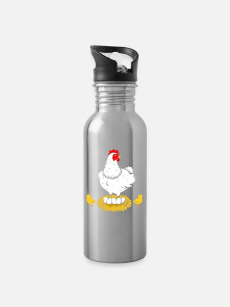 Huhn Henne Hahn Eier - Trinkflasche mit integriertem Trinkhalm - Lightsilver