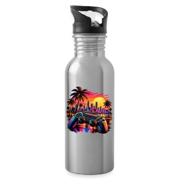 Sonnenuntergang mit Gamecontroller - Gamer Motiv - Trinkflasche mit integriertem Trinkhalm - Lightsilver - Rechts