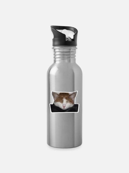 Schlafende rot-weiße Katze - Trinkflasche mit integriertem Trinkhalm - Lightsilver