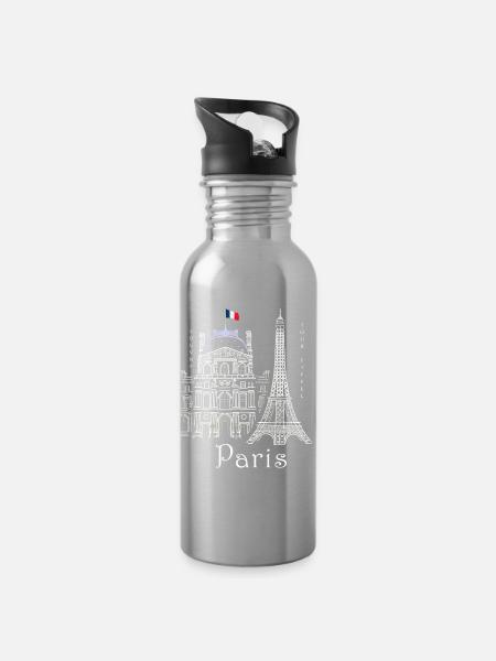 Paris, Eiffelturm und Louvre handgezeichnet - Trinkflasche mit integriertem Trinkhalm - Lightsilver