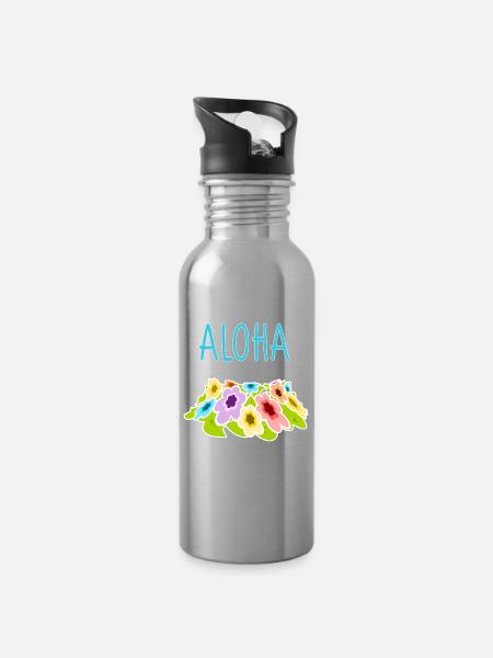 Aloha bunte Blumen Hawaii - Trinkflasche mit integriertem Trinkhalm - Lightsilver