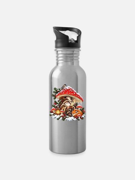 Weihnachtswald-Gnom-Fuchs- und Pilzdesign - Trinkflasche mit integriertem Trinkhalm - Lightsilver