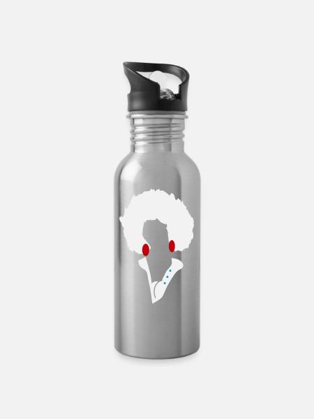 Weiße Afro-Silhouette mit blauen Knöpfen - Trinkflasche mit integriertem Trinkhalm - Lightsilver