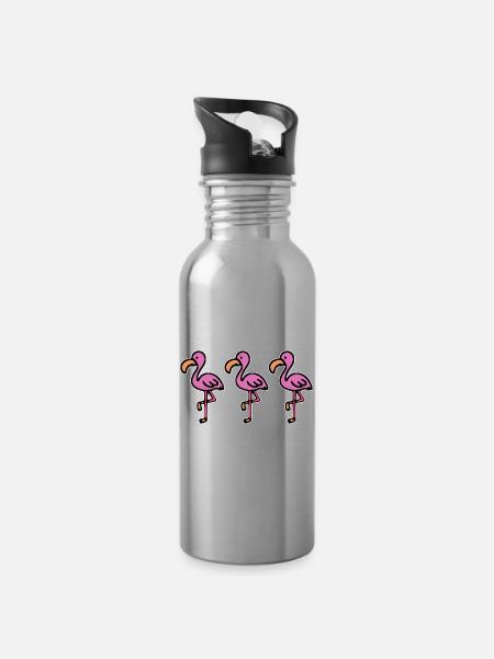 Flamingos - Trinkflasche mit integriertem Trinkhalm - Lightsilver