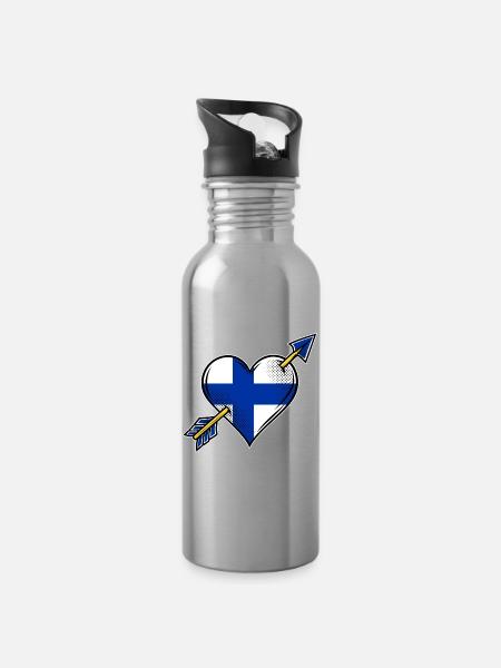 Finnland Flagge Herz mit Pfeil - Trinkflasche mit integriertem Trinkhalm - Lightsilver