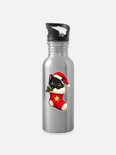 Schwarzes Weihnachtskätzchen in einer Pixel-Art-Socke - Trinkflasche mit integriertem Trinkhalm - Lightsilver