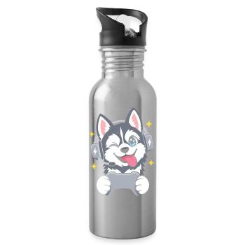 Gaming Sibirischer Husky mit Headset u Controller - Trinkflasche mit integriertem Trinkhalm - Lightsilver - Rechts