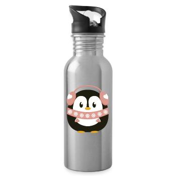 Süßer Pinguin mit Schal und Ohrwärmern in Hellrosa - Trinkflasche mit integriertem Trinkhalm - Lightsilver - Rechts