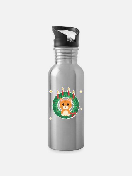 Katze im Adventskranz - Trinkflasche mit integriertem Trinkhalm - Lightsilver