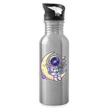 Mondfreund Astronaut mit Blumen - Trinkflasche mit integriertem Trinkhalm - Lightsilver - Rechts