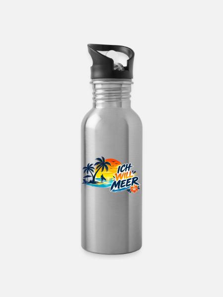 Tropischer_Sonnenuntergang_mit_ICH_WILL_MEER - Trinkflasche mit integriertem Trinkhalm - Lightsilver