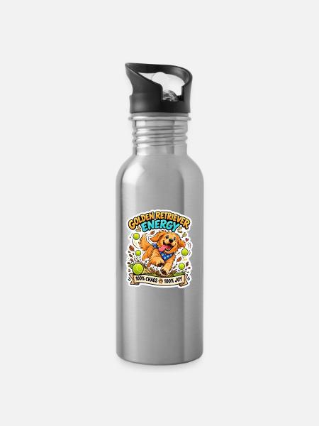 Golden Retriever Energie Print - Trinkflasche mit integriertem Trinkhalm - Lightsilver