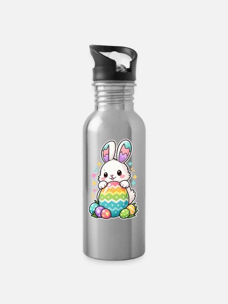 Kinder-Osterhasen-Familieneiersuche - Trinkflasche mit integriertem Trinkhalm - Lightsilver
