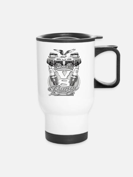 V8 Garage Lounge Oldtimer - Thermobecher mit Tragegriff - Weiß
