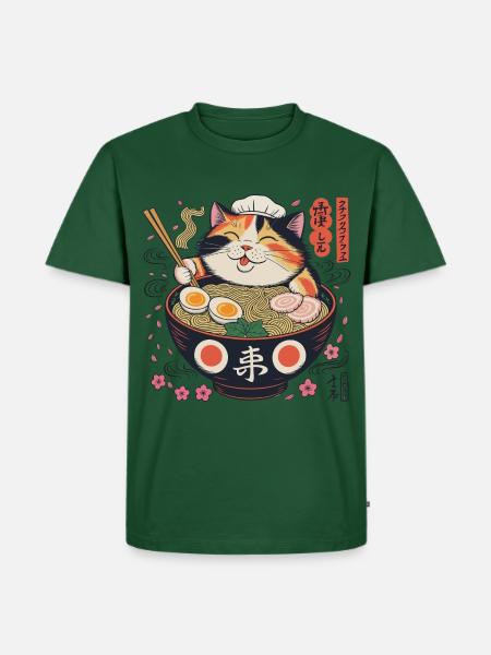 Ramen Katze mit Kochmütze - Männer Premium Bio T-Shirt - Flaschengrün
