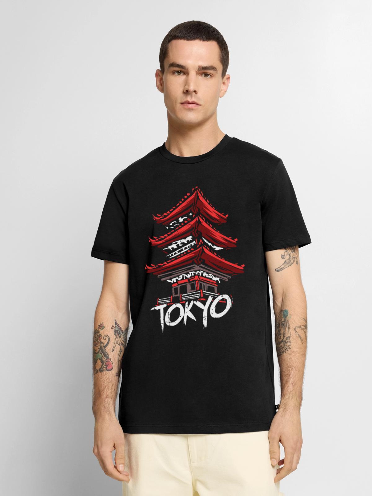 Lebendiges Tokio Sakuraviertel - Männer Premium Bio T-Shirt - Schwarz - Vorne - Nico (187cm)