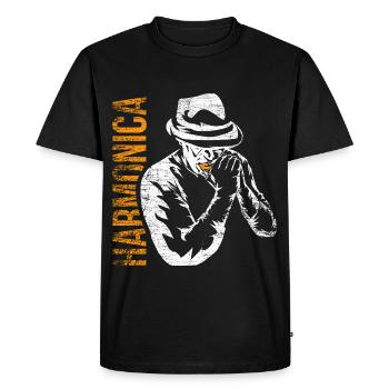 Bluesiger Mundharmonika Straßenmusik - Männer Premium Bio T-Shirt - Schwarz - Vorne - Nico (187cm)