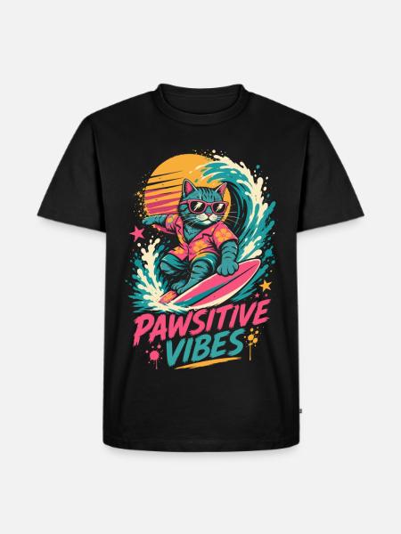 Surfende Katze – Pawsitive Vibes - Männer Premium Bio T-Shirt - Schwarz