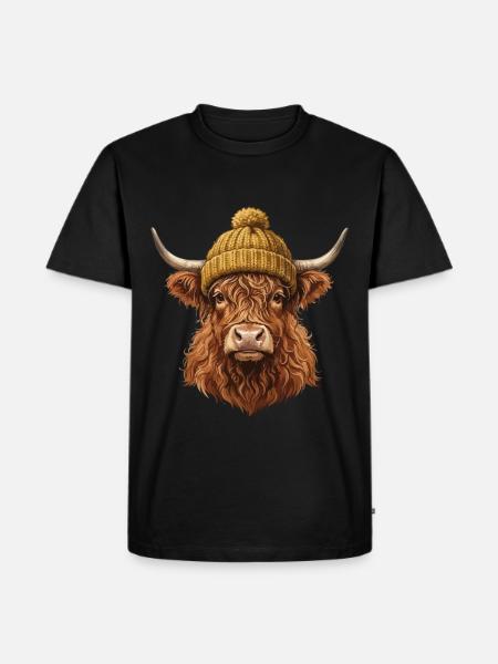 Hochlandrind mit Strickmütze - Männer Premium Bio T-Shirt - Schwarz