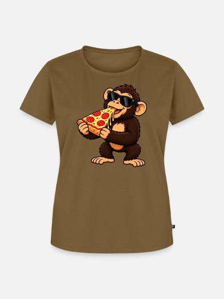 Schimpanse mit Pizza Cool Cartoon - Frauen Premium Bio T-Shirt - Nussbraun