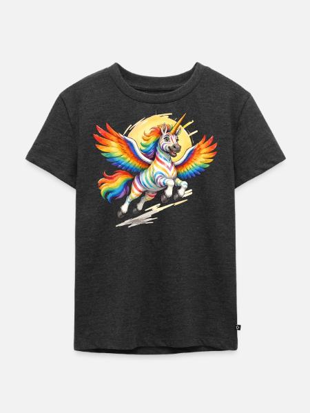Regenbogen-Einhorn mit Flügeln - Kinder Premium Bio T-Shirt - Anthrazit meliert