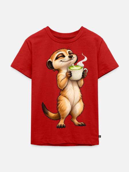 Erdmännchen mit Matcha Latte – Süße Teepause - Kinder Premium Bio T-Shirt - Rot