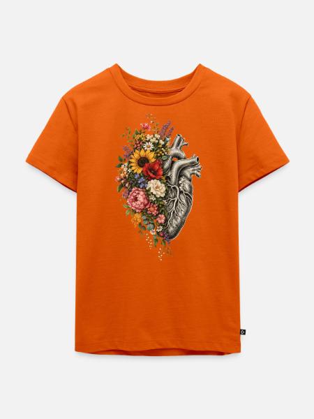 Blütenherz: Florales Anatomie-Design - Kinder Premium Bio T-Shirt - Orange