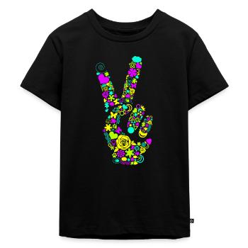 Peace Handzeichen Frieden Friedenssymbol Neon - Kinder Premium Bio T-Shirt - Schwarz - Vorne - Mikhail (115cm)