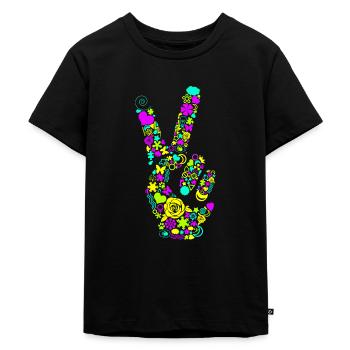 Peace Handzeichen Frieden Friedenssymbol Neon - Kinder Premium Bio T-Shirt - Schwarz - Vorne - Mikhail (115cm)