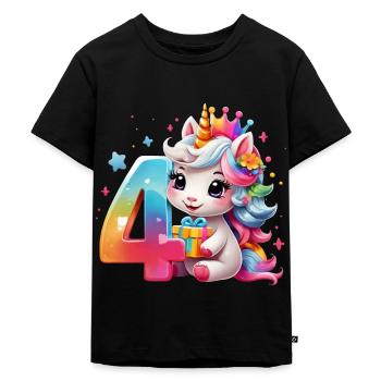 NUMMER 4 JAHRE EINHORN 4. GEBURTSTAG - Kinder Premium Bio T-Shirt - Schwarz - Vorne - Mikhail (115cm)