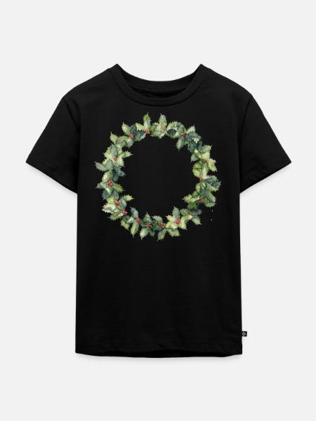 Wasserfarbener Stechpalmenkranz - Kinder Premium Bio T-Shirt - Schwarz