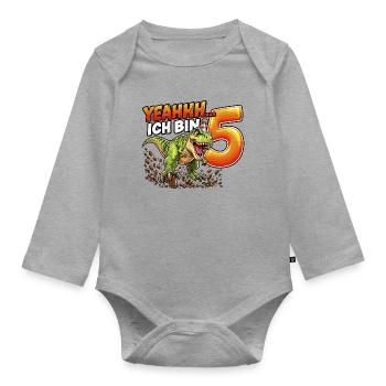 Dino Geburtstag 5 Jahre T-Rex Shirt - Baby Bio-Langarm-Body - Grau meliert - Vorne