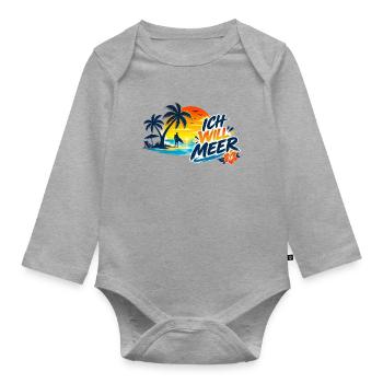 Tropischer_Sonnenuntergang_mit_ICH_WILL_MEER - Baby Bio-Langarm-Body - Grau meliert - Vorne