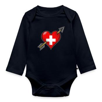 Schweiz Flagge Herz mit Pfeil - Baby Bio-Langarm-Body - Navy - Vorne
