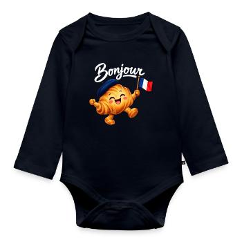Cute French Croissant Bonjour Paris - Baby Bio-Langarm-Body - Navy - Vorne