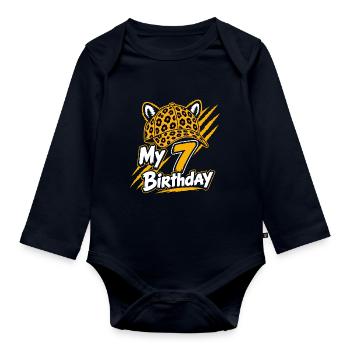 My 7 Birthday Leopard Party - Baby Bio-Langarm-Body - Navy - Vorne