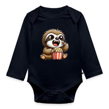 Lustiges Faultier Popcorn Kino Vampir Zähne Film - Baby Bio-Langarm-Body - Navy - Vorne