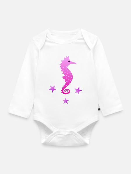 rosa Seepferdchen Wasserratte Schwimmabzeichen - Baby Bio-Langarm-Body - Weiß