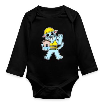 Builder cat topping house building gift - Organic Longsleeve Baby Bodysuit - black - Front