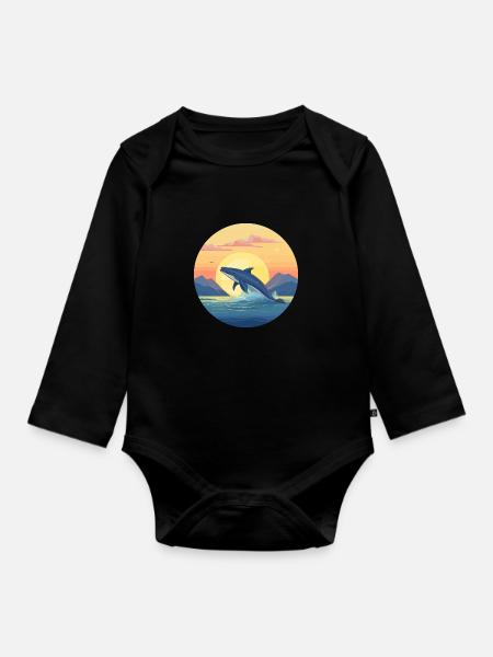 Blauwal Bunte Aquarell-Karikatur Kawaii Haustier - Baby Bio-Langarm-Body - Schwarz