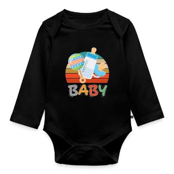 Baby Flasche Nuckel Rassel Fläschchen Retro - Baby Bio-Langarm-Body - Schwarz - Vorne