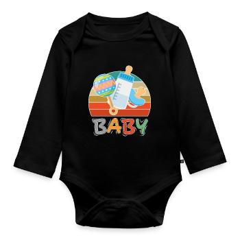 Baby Flasche Nuckel Rassel Fläschchen Retro - Baby Bio-Langarm-Body - Schwarz - Vorne