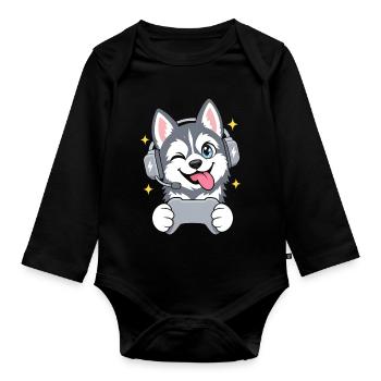 Gaming Sibirischer Husky mit Headset u Controller - Baby Bio-Langarm-Body - Schwarz - Vorne