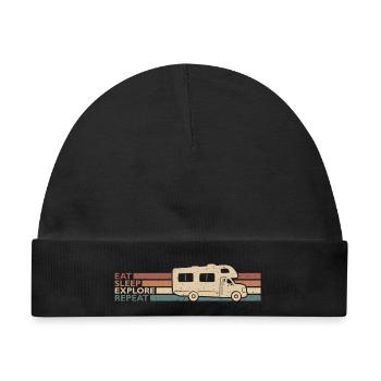 Eat Sleep Explore Repeat Wohnwagen Spruch - Baby Premium Organic Mütze - Schwarz - Vorne