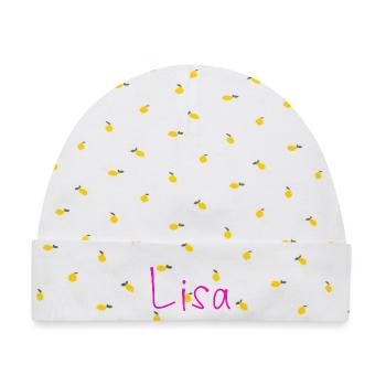 Lisa Schriftzug Neonpink - Baby Premium Organic Mütze - Weiß/Zitronengelb - Vorne
