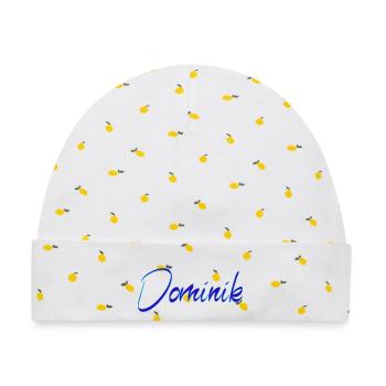 Dominik Neon Script Druck - Baby Premium Organic Mütze - Weiß/Zitronengelb - Vorne
