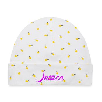 Jessica Neon Script Pink - Baby Premium Organic Mütze - Weiß/Zitronengelb - Vorne
