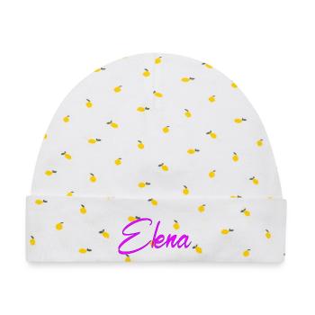 Elena Neon Pink Script - Baby Premium Organic Mütze - Weiß/Zitronengelb - Vorne