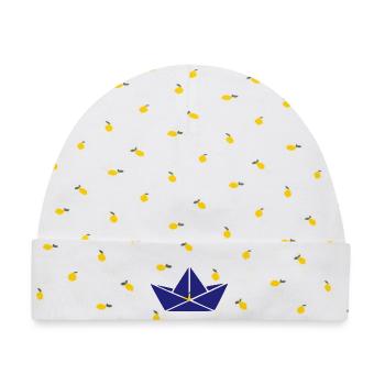 Maritimes Papierschiff Origami Boot Geschenk - Baby Premium Organic Mütze - Weiß/Zitronengelb - Vorne