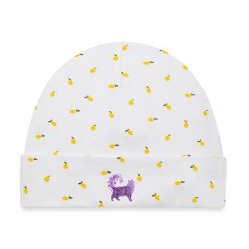 Lila Katze Mit Blumen Und Blütenranke - Baby Premium Organic Mütze - Weiß/Zitronengelb - Vorne